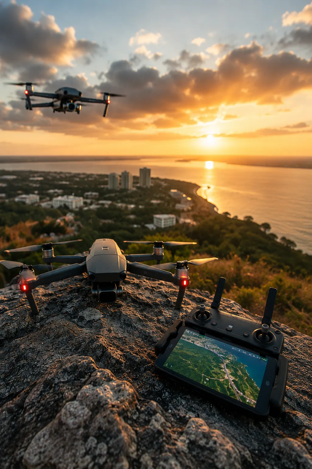 Professional drones and controller overlooking a coastal landscape